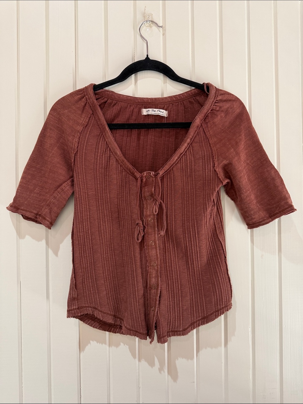 Free People Brown Ribbed Tie-Front Button Down Top small